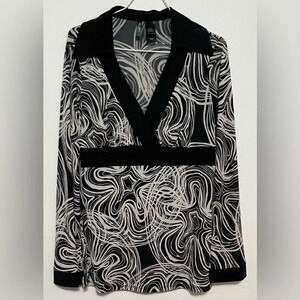 Bisou Bisou Retro Blouse Flare Sleeves Medium Black/Cream color